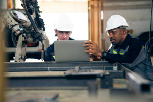 Equipe industrial analisando problemas de rede Wi-Fi lenta em ambiente corporativo e industrial