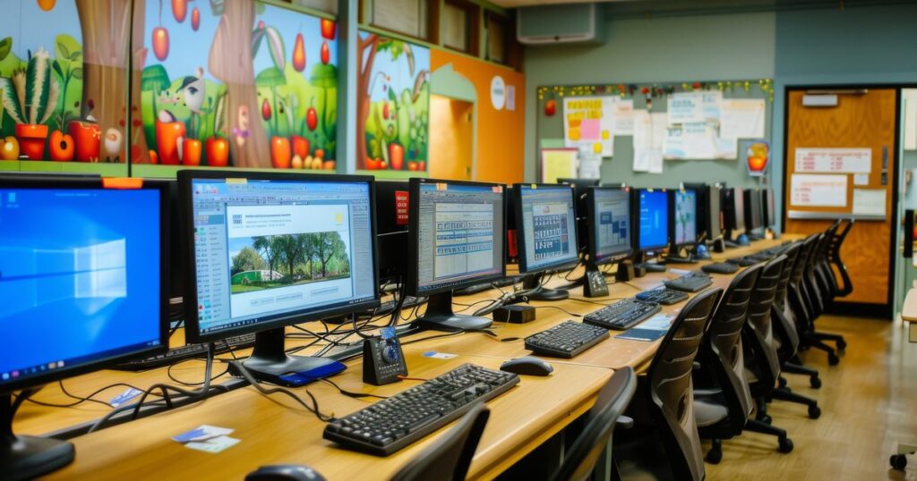 Sala de informática de escola com computadores, representando suporte de TI para escolas